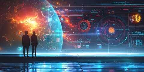 Futuristic Interactive Installations Educate Public About Science and Technology in Modern Cityscape with Holographic Displays and Neon Lighting