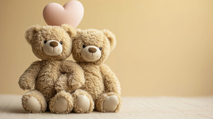Fototapeta premium Two Teddy Bears with a Heart-Shaped Balloon on a Light Beige Background with Copy Space 
