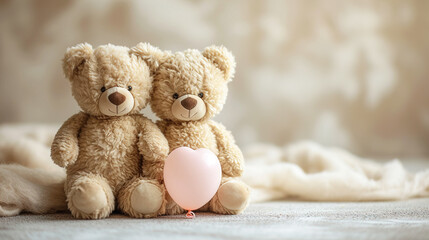 Two Teddy Bears with a Heart-Shaped Balloon on a Light Beige Background with Copy Space 