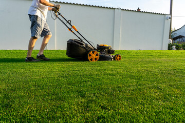 green grass cutting with lawn mower in home garden