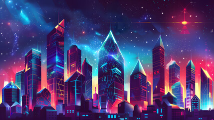 A futuristic cityscape with towering skyscrapers adorned in geometric patterns, pulsating with neon lights against a starry backdrop.