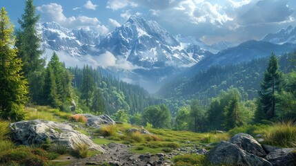 Stunning mountain and forest scenery. concept of an ideal resting place. Creative image.