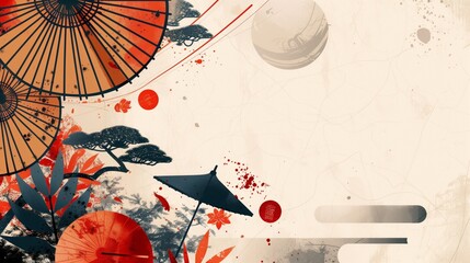 Artistic illustration featuring traditional Japanese umbrellas, ink splashes, and nature motifs with a vintage look.