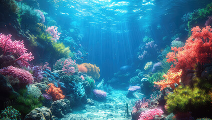 Naklejka na ściany i meble A beautiful coral reef with colorful corals and fish, under the sea. Created with Ai