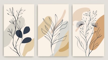Triptych of botanical illustrations featuring elegant leaves and abstract shapes in soft tones.