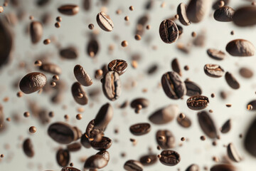 Obraz premium A lot of coffee beans floating in the air. Generative AI