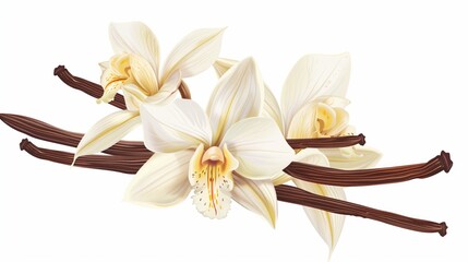 Illustration of white orchids intertwined with vanilla pods on a plain background.