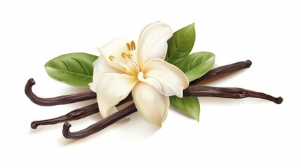 Artistic illustration of a delicate white lily flower with multiple green leaves and vanilla pods.