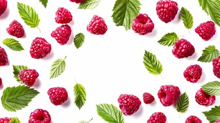 Fresh raspberries and green leaves scattered on a white background.