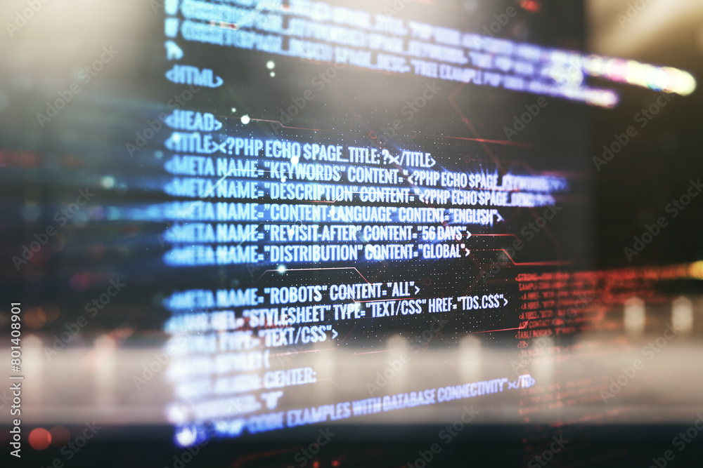 Aufkleber Double exposure of abstract programming language interface on modern business center exterior background, research and development concept