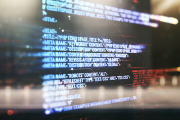 Double exposure of abstract programming language interface on modern business center exterior background, research and development concept
