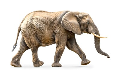 Obraz premium Graceful African Elephant Walking Isolated on White Background. Capturing the Beauty of Wildlife in Detail. Perfect for Educational and Marketing Materials. AI