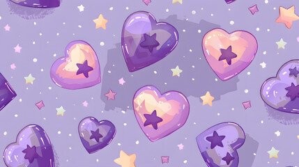 Seamless pattern of pixelated hearts and retro-style stars on a lavender background
