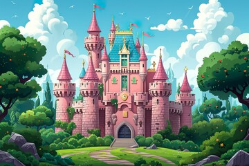 wallpaper illustration of a princess castle, pink castle cartoon