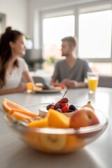Modern kitchen setting with a colorful fruit platter as two young people enjoy a healthy breakfast - obrazy, fototapety, plakaty