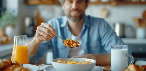 Man in a blue shirt smiles while eating cereal in a warmly lit kitchen surrounded by fresh breakfast items - obrazy, fototapety, plakaty