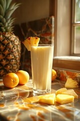 Tall glass of creamy pineapple yogurt smoothie stands on a table beside fresh pineapple and oranges in warm sunlight - obrazy, fototapety, plakaty