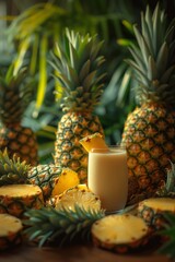 Creamy pineapple yogurt in a tall, round glass with fresh pineapple slices on a blurred background - obrazy, fototapety, plakaty