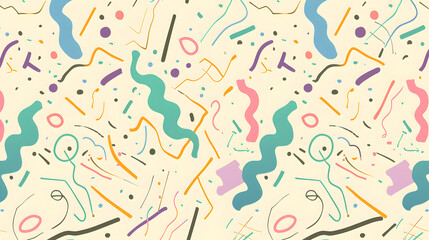 Obraz premium Seamless pattern of squiggly lines and geometric shapes in a pastel color palette on a cream background.