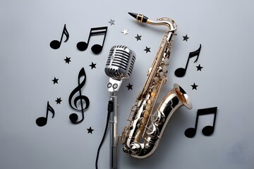 Musical instruments on gray background with notes and stars