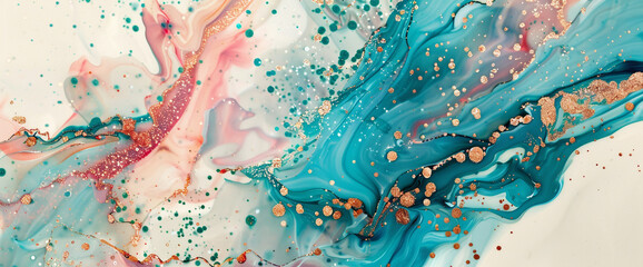 Vivid turquoise marble ink dances across a radiant abstract backdrop, adorned with sparkling glitters.