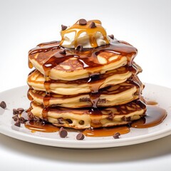 stack of pancakes with maple syrup and choco chips with butter