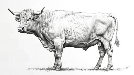 Highly detailed pencil drawing of a muscular bull with sharp horns standing on a plain background.