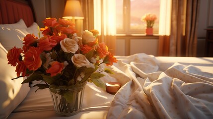 Hotel room with flowers on a bed for honeymoon and romantic evening concept.