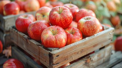 Ripe red apples are collected in a wooden box against the background of a garden and sunlight. The concept of agriculture, healthy and natural nutrition