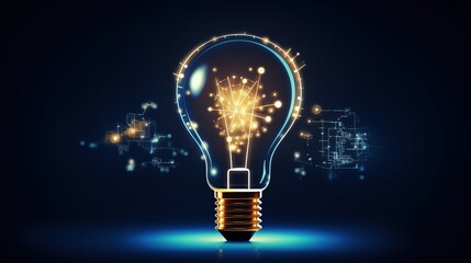 Light bulb with hologram infographic and glowing particles. Digital technology and innovation concept.