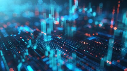 Fototapeta premium Futuristic digital cityscape with glowing neon lights and abstract data structures.