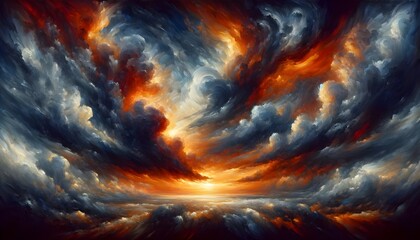 swirling storm of clouds painted in a dramatic blend of fiery oranges and deep blues, centered around a luminous sunset.