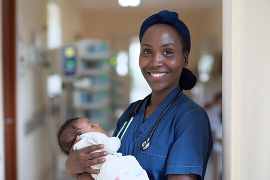 Happy nurse midwife holds newborn baby in arms at hospital. International Nurses Day concept.