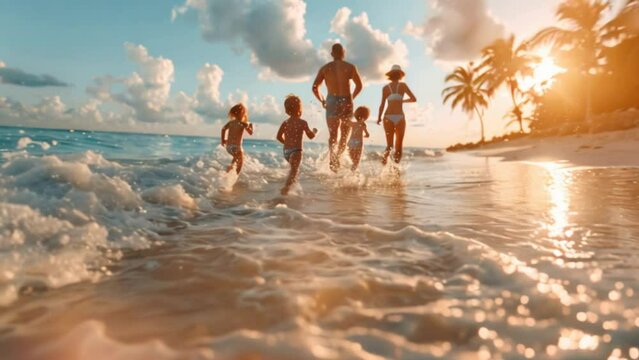 Dady and Mom run along the beach with their children on summer vacation, Family concept.