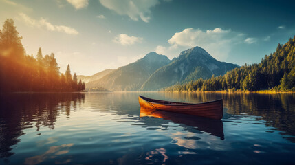 Obraz premium Lonely wooden canoe floating on calm mountain lake. Summer forest on background of sunset. Illustration traveling boat in river, green trees, natural light, nature landscape backdrop. No people.