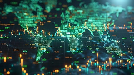 Obraz premium An engaging and informative background showing a world map in soft blue hues with a vivid green arrow arching across continents, surrounded by fluctuating digital stock numbers
