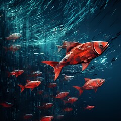 Illustration of red fish in ocean with digital backdrop - obrazy, fototapety, plakaty