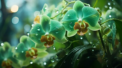  Green orchids with water droplets, a vibrant and refreshing