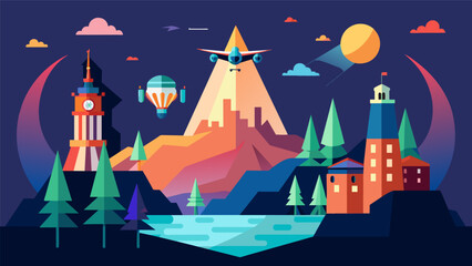 A visual journey through the American landscape as drones create a stunning light show featuring iconic landmarks and landscapes from coast to coast.. Vector illustration