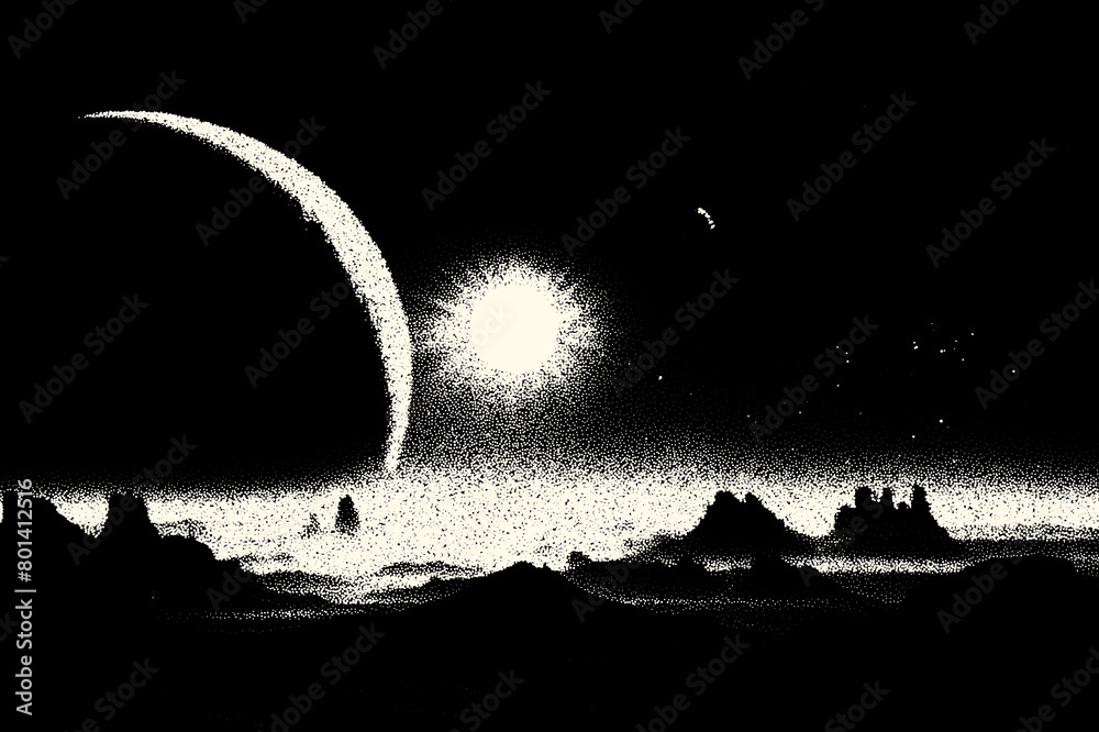 Poster Alien planet landscape in retro dotwork style. Planets and satellites over unknown planet in space. Sci-fi world landscape, beyond our galaxy