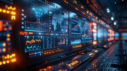 Fototapeta premium An immersive financial monitoring system portrayed as a futuristic dashboard, where multiple displays feature rising stock graphs in shades of blue.