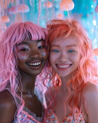 Obraz premium Playful Beauty Campaign: Cheerful Models with Black Skin and Vibrant Hair Celebrate Squishy Aesthetic in Jellyfish-Inspired Setting