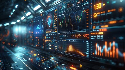 Obraz premium An immersive financial monitoring system portrayed as a futuristic dashboard, where multiple displays feature rising stock graphs in shades of blue.