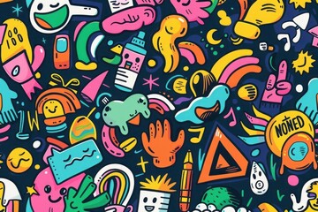 A playful and colorful doodle pattern with trendy icons and symbols for a fun background
