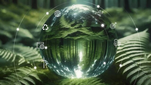 Circular economy concept for future business growth and environmental sustainability and reduce pollution for future business and environmental growth.Crystal gloge with digital icons no logo 4k loop