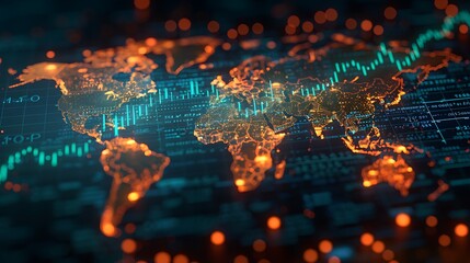Capture the essence of global commerce with a world map in gentle blue tones and a dynamic upward green arrow sweeping across the continents, framed by actively changing digital stock numbers
