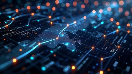 Fototapeta premium Explore the digital landscape of financial technology through a network of interconnected nodes and lines on a dark blue canvas, similar to a circuit board.