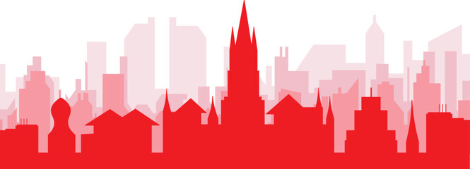 Red panoramic city skyline poster with reddish misty transparent background buildings of GLASGOW, UNITED KINGDOM