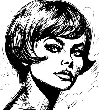 Woman portrait in hand drawing or engraving style. 60s styled beautiful comic book character, black and white