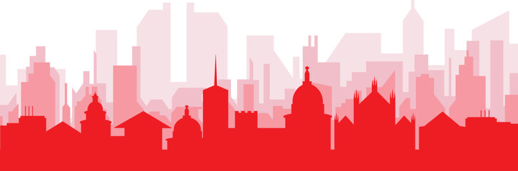 Red panoramic city skyline poster with reddish misty transparent background buildings of FLORENCE, ITALY